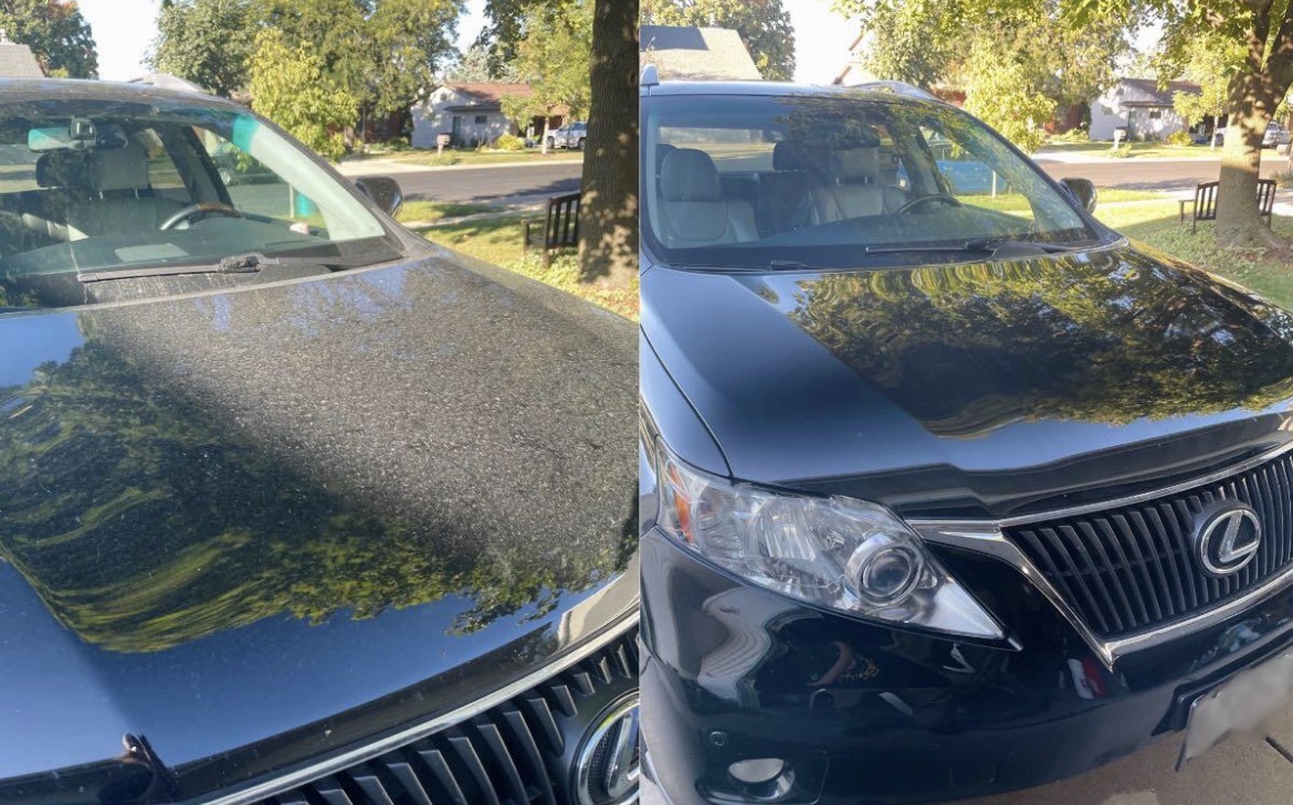 Lexus SUV exterior — left side shows dirt-covered dull paint, right side shows mirror-clean polished finish after mobile detail